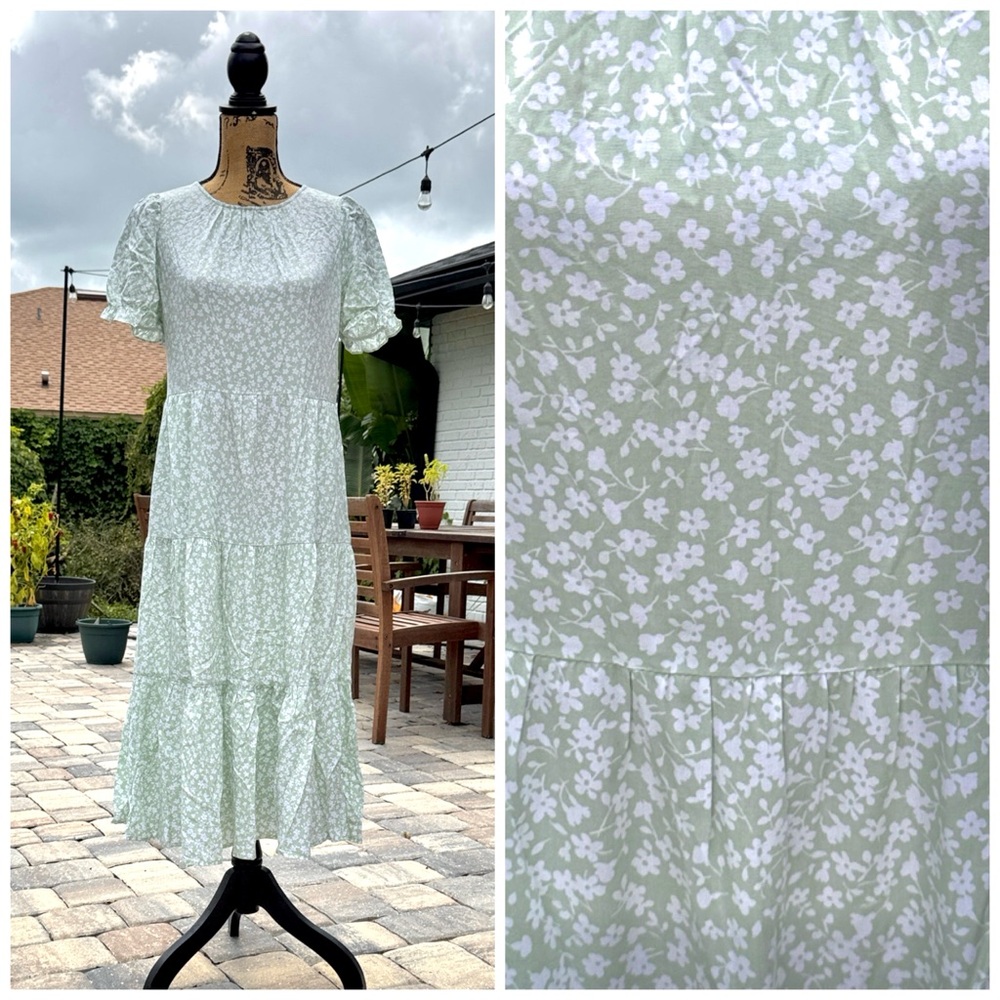 J. Crew Light Green Floral Ruffle Sleeve Tiered Midi Dress Size XS